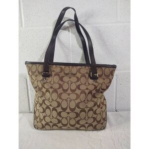 Coach #F36375 12cm Signature Khaki & Mahogany Brown Canvas Zip Top Tote Purse